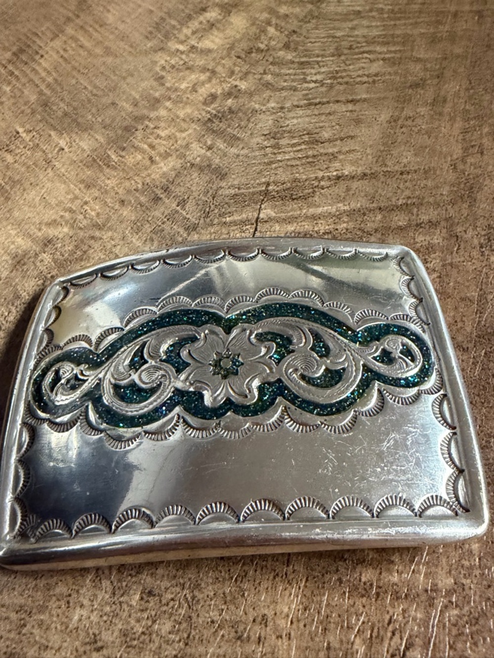 Silver Tone Decorative Belt Buckle with Teal Glitter Inlay